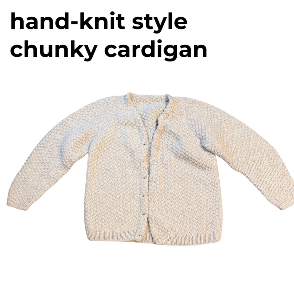 Cream Chunky Knit Cardigan Pearl Button Textured Sweater